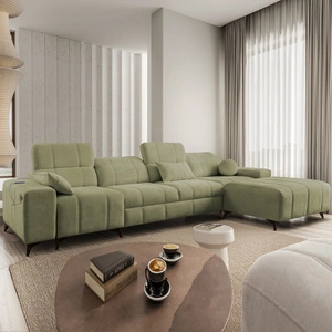 Ecksofa mit Schlaffunktion Penejos XII oliv rechts stilvolles Ecksofa mit Bettzeugcontainern komfortable verstellbare Kopfstützen