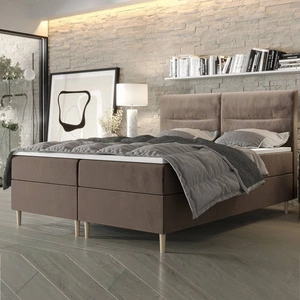 Boxspringbett Voltera 160x200 Hellbraun moderner skandinavischer Stil mit charakteristischem Kopfteil