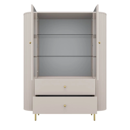 Vitrine Ovalio 123 cm beige Designe rvitrine für das Wohnzimmer in ovaler Form mit dekorativer Fräsung geräumige Schubladen