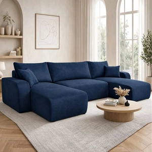 Ecksofa mit Schlaffunktion Fiesta U dunkelblau stilvolles Ecksofa mit interessanter Form strapazierfähiger Plüschstoff Bettkasten