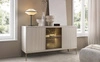 Kommode Amma 154 cm beige unkonventionelles Design verglaste Kommodenfront für Wohnzimmer mit Push-to-Open-System Zierleisten