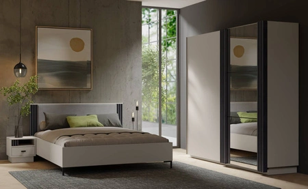 Schiebeschrank mit Spiegel Estan 215 cm beige/anthrazit modernes Möbeldesign Schranktür mit Lamellen verziert