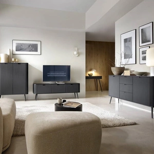 Zoya Möbelset schwarz modernes Design Schrankwand für Wohnzimmer oder Sitzungssaal geschwungene Form der Möbelstücke gewellte Fronten