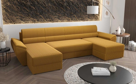 Ecksofa mit Schlaffunktion Fogu U II Honig-Gelb bequemes Ecksofa mit bequemen Armlehnen interessanter Designcontainer für Bettzeug
