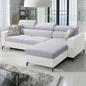 Ecksofa mit Schlaffunktion Savona grau Esche / weiß rechts elegantes Ecksofa mit verstellbaren Kopfstützen Ziernähte
