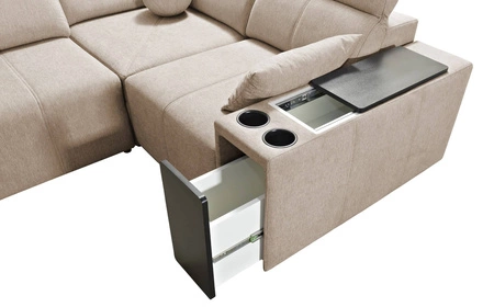 Ecksofa mit Schlaffunktion Tesalia Honig links modernes Design komfortable Schiebelehne Schublade in der Seite des Möbels