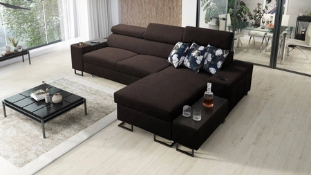Ecksofa mit Schlaffunktion Flavio braun rechts bequemes elegantes Ecksofa mit einer seitlich zu öffnenden Verlängerungsstange im Möbel