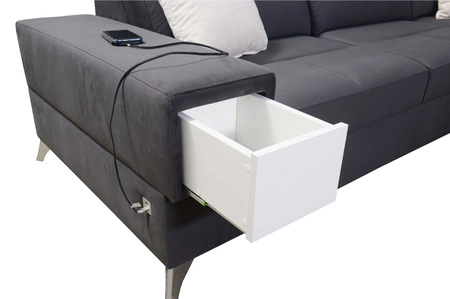 Ecksofa mit Schlaffunktion Elgin beige / weiß rechtes Ecksofa mit verstellbaren Kopfstützen praktische Schubladen in den Möbelseiten