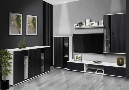 Kommode mit Schublade Senja 140 cm weiß / schwarz elegantes Design dekorative geriffelte Front mit Metallgriff