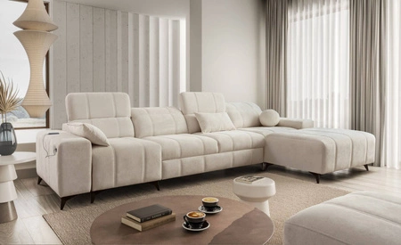 Ecksofa mit Schlaffunktion Penejos XII creme rechts stilvolles Ecksofa mit Bettzeugcontainern komfortable verstellbare Kopfstützen