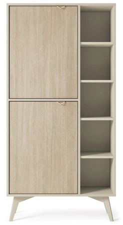 Bücherregal Wald 80 cm beige/beige Fischgrätenmuster Skandinavisches Design stabiles hohes Beine Bücherregal mit Türen für Wohnzimmer geschmackvolles Fischgrätenmuster