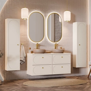 Badmöbel-Set Donna Sand beige elegante Badezimmerschränke mit dekorativen abgerundeten Fräsungen an den Fronten Goldgriffe
