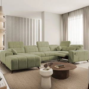 Penejos IV Lux olive linkes Ecksofa mit Schlaffunktion Stilvolles Schlafsofa mit komfortablem ausziehbarem Fußteil