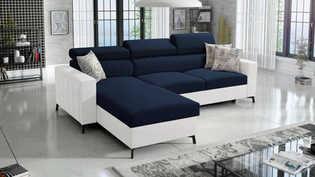 Ecksofa mit Schlaffunktion Savona marineblau/weiß links elegantes Ecksofa mit verstellbaren Kopfstützen Ziernähte 