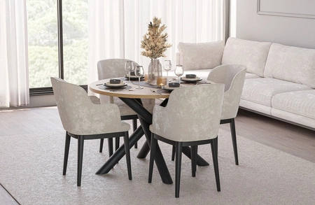 Runder Tisch Lyon 110 cm Eiche artisan / schwarzer Designer-Esstisch auf Metallspinnenbeinen höhenverstellbar