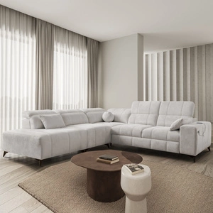 Ecksofa mit Schlaffunktion Penejos IX grau Esche links stilvolles Ecksofa mit Bettzeugcontainern komfortable verstellbare Kopfstützen