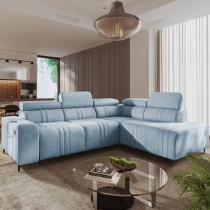 Ecksofa mit Schlaffunktion Castel VII blau rechte Seite stilvolles Ecksofa mit Bettzeugablage und verstellbaren Kopfstützen