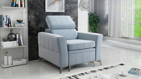 Rava Sessel blau praktischer und bequemer Sessel für das Wohnzimmer mit verstellbarer Kopfstütze und weicher Samtablage