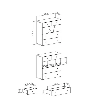 Kommode mit Schubladen Dzeta 90 cm Eiche / Anthrazit ideal für das Jugendzimmer funktionell und geräumig