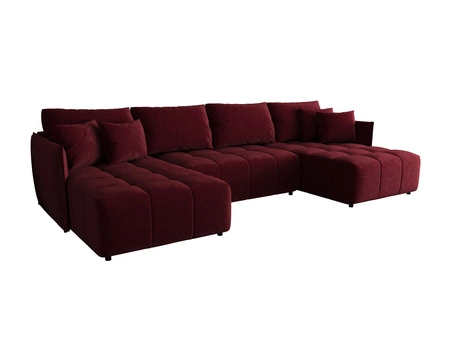Ecksofa mit Schlaffunktion Oroso U burgunderfarbener Bettkasten weicher Samtstoff mit hydrophober Beschichtung dekorative Steppung