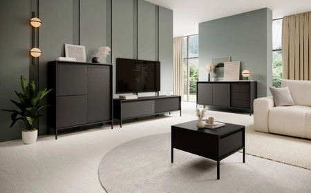 Sesti 104 cm hohe Kommode schwarz Designerkommode mit originellem Design auf stabilem Metallsockel