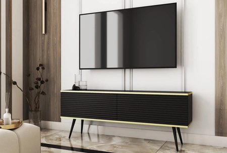 TV-Schrank Luxury 135 cm schwarz elegantes Design stilvolle geriffelte Front Korpus mit goldenen Zierleisten schwarze Metallbeine gekrönt