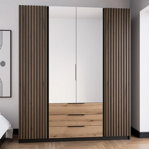 Spiegelschrank Kastano V 200 cm schwarz / Eiche evoke stilvolle Garderobe Design für Flur Garderobentüren mit schwarzen Lamellen verziert