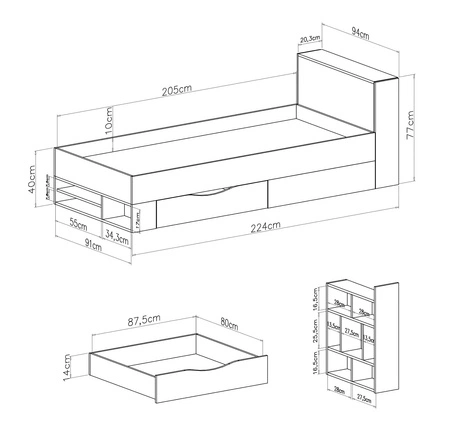 Bett mit Schublade Niko 90x200 cm weiß / Eiche / marine modernes Bettdesign ausziehbare Regale im Kopfteil