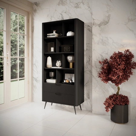 Lante 88 cm schwarz elegantes bücherregal mit schubladen designer rillen an den fronten metall kante griffe