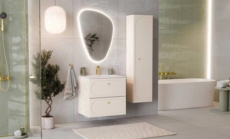 Waschtischunterschrank Donna Sand 60 cm beige stilvoller Schrank mit eleganten abgerundeten Fräsungen an den Schubladenfronten goldene Metallgriffe