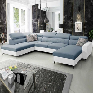 Ecksofa mit Schlaffunktion Savona VI blau / weiß rechts elegantes und bequemes Ecksofa für das Wohnzimmer zwei Container für Bettzeug
