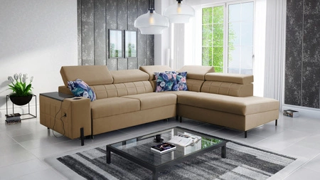 Ecksofa mit Schlaffunktion Belvi III dunkelbeige rechts bequemes und elegantes Ecksofa für das Wohnzimmer mit praktischem Stauraum an der Seite