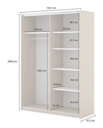 Schiebeschrank Niva 150 cm beige geräumiger Kleiderschrank mit Lamellen verziert ist perfekt für Räume jeder Größe