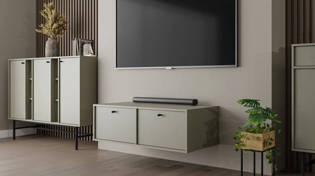 RTV Schrank Kioto IV 121 cm eukalipptus eleganter Schrank mit nach unten öffnenden Türen gedeckte Farben schwarze Metallgriffe