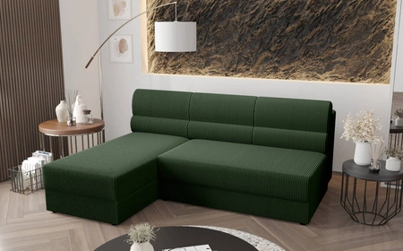 Ecksofa mit Schlaffunktion Fogu grün linke Seite stilvolle Ecksofa mit einfachem Design mit Cord-Stoff Bettzeug Container abgedeckt