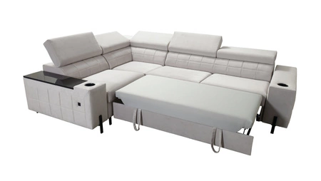 Ecksofa mit Schlaffunktion Belvi II oliv links elegantes und ergonomisches Ecksofa für das Wohnzimmer praktischer Stauraum an der Seite