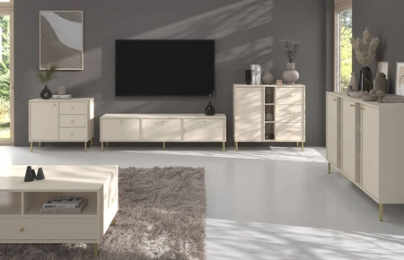 RTV Schrank Kioto II 180 cm beige stilvolles Design Metall goldene Beine Schrank mit nach unten öffnenden Türen gedämpfte Farben