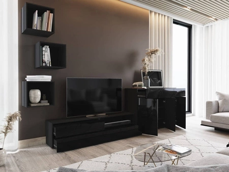 Aridea schwarz / schwarz glänzend Schrankwand minimalistisches Design in einem modernen Umfeld vielseitige und funktionale Wohnzimmermöbel