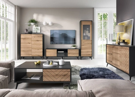 Möbelset Gusto Schwarz / Eiche Evoke Modernes Design funktionale Möbel für das Wohnzimmer oder das Tageszimmer Wandschrank mit dekorativem Fichtendekor