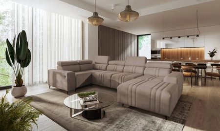 Ecksofa mit Schlaffunktion Castel IV hellbraun rechtsseitig stilvolles Ecksofa mit Bettzeugcontainer und verstellbaren Kopfstützen