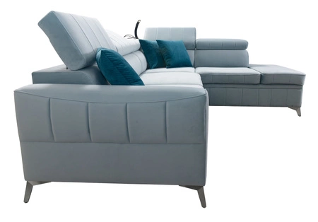 Ecksofa mit Schlaffunktion Rechtsseitiges Ecksofa Rava III aus marineblauem Samt mit verstellbaren Kopfstützen und Bettzeugbehälter