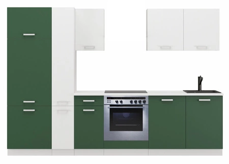 Küchenmöbelset mit Toni-Arbeitsplatte 290 cm weiß / pastellgrüne Möbel sehen in modernen Interieurs toll aus