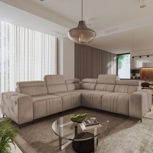 Ecksofa mit Schlaffunktion Castel III hellbraun links Ecksofa mit zwei Bettkästen verstellbare Kopfstützen