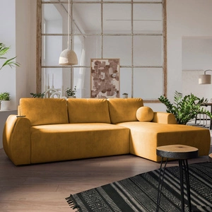 Ecksofa mit Schlaffunktion Colio gelb rechts stilvolles Ecksofa mit interessanter Form Velourstoff Zierkissen Ball
