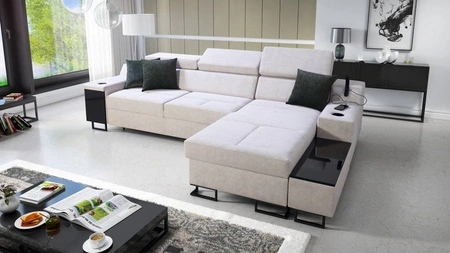 Ecksofa mit Schlaffunktion Alcamo grau Esche rechts elegantes und stilvolles Ecksofa mit einer ausziehbaren praktischen Schublade an der Seite des Möbels