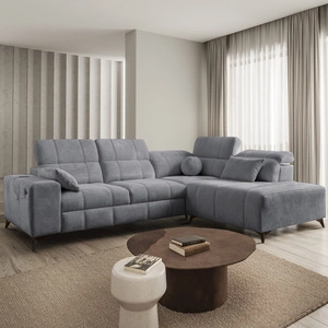 Ecksofa mit Schlaffunktion Penejos VII grau rechte Ecke stilvolles Sofa mit Bettzeugablage komfortable verstellbare Kopfstützen