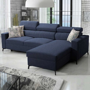 Ecksofa mit Schlaffunktion Savona navyblau rechts bequemes elegantes Ecksofa mit verstellbaren Kopfstützen Ziernähte