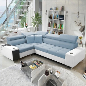 Ecksofa mit Schlaffunktion Dafni II blau weiß links Ecksofa aus Samt mit Bettzeugablage Vollauszug