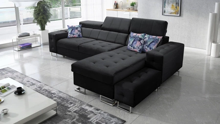 Ecksofa mit Schlaffunktion Hampton schwarz rechte Ecke stilvolle Steppung auf dem Sitz weicher Polsterstoff Ecksofa mit Verlängerung