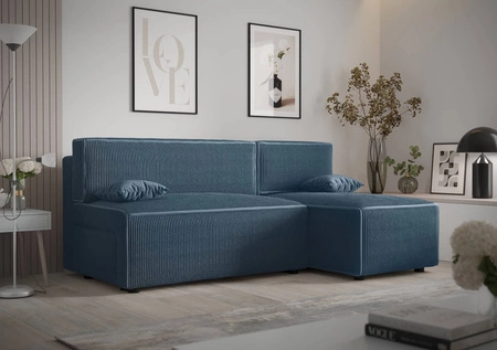Ecksofa mit Schlaffunktion Brandon blau rechte Ecke dreidimensionaler Stoff mit ausdrucksstarken Streifen Bettzeug Container
